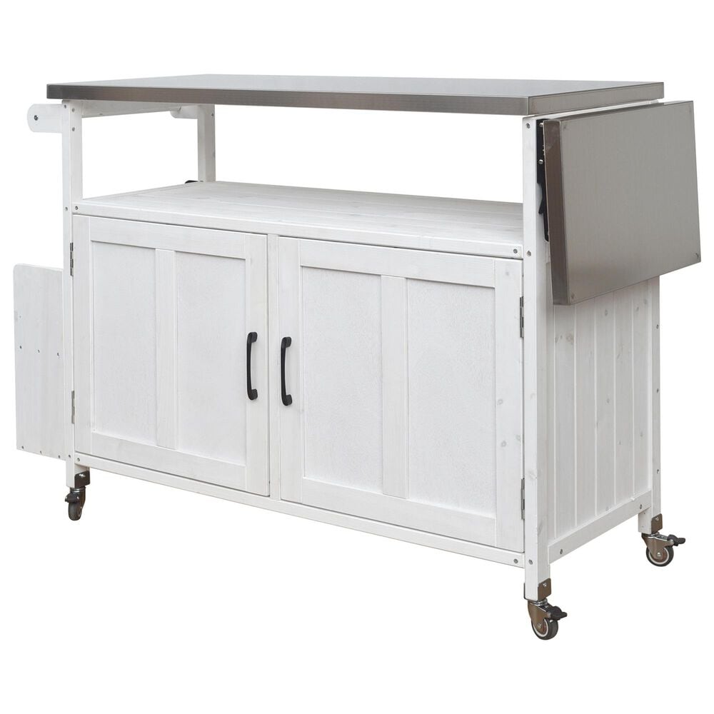 Hearth and Haven Outdoor Kitchen Island Cart with Adjustable Shelves and Stainless Steel Top in White, , large