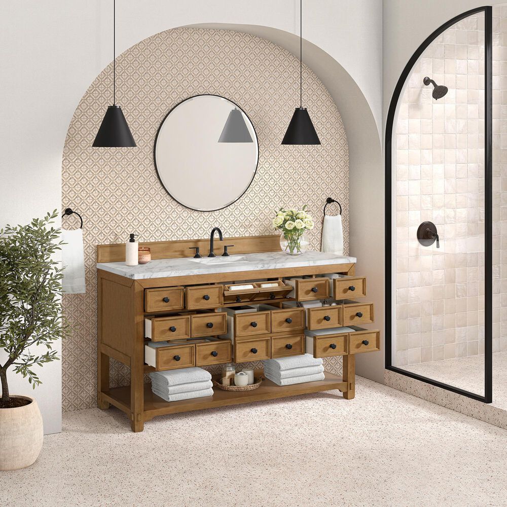 James Martin Malibu 60&quot; Single Bathroom Vanity in Amber Birch with 3 cm Carrara White Marble Top and Rectangular Sink, , large