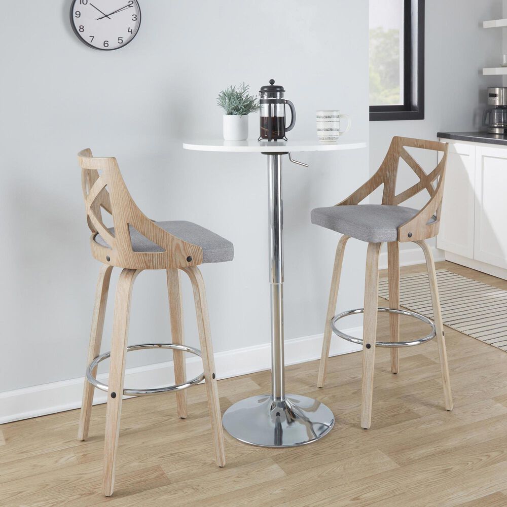 LumiSource Charlotte Swivel Bar Stool with Light Grey Fabric Upholstery in Whitewashed and Chrome (Set of 2), , large