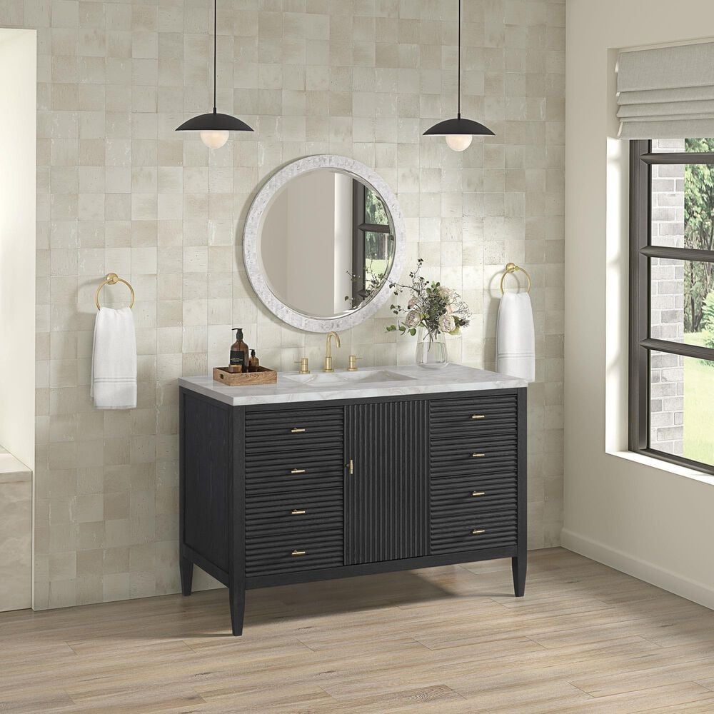 James Martin Vanities Myrrin 48" Single Bathroom Vanity in Carbon Oak with 3 cm Eternal Jasmine Pearl Silestone Top, Rectangular Sink and FreePower Wireless Charger, , large