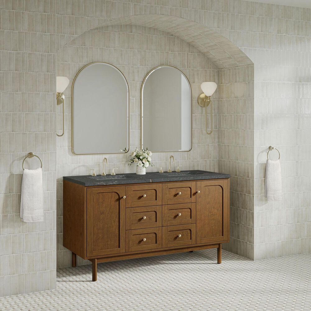 James Martin Laurent 60" Double Bathroom Vanity in Honey Oak with 3 cm Parisien Bleu Silestone Top, Rectangular Sinks and FreePower Wireless Charger, , large