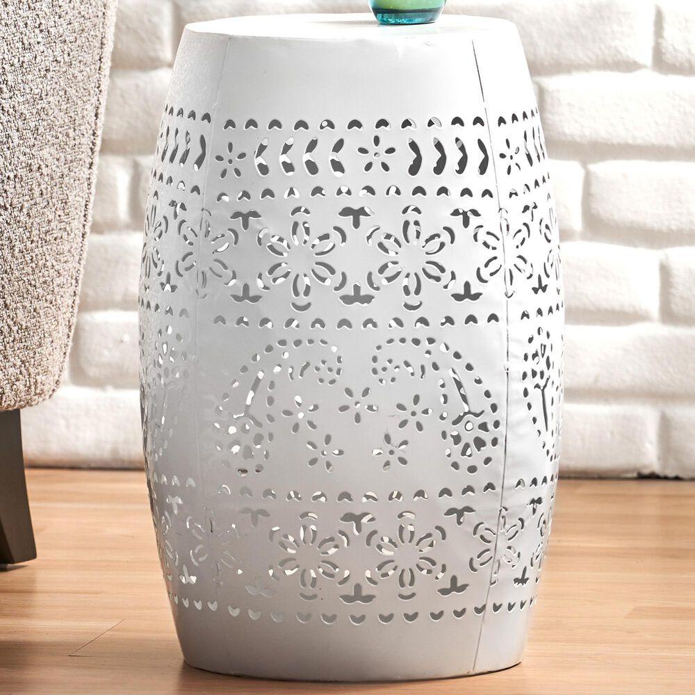 Hearth and Haven Ruby Outdoor Barrel End Table with Lace-Cut Design in White, , large