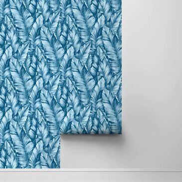 NextWall Baha Banana Leaves 216" x 20.5" Peel and Stick Wallpaper in Regatta Blue, , large