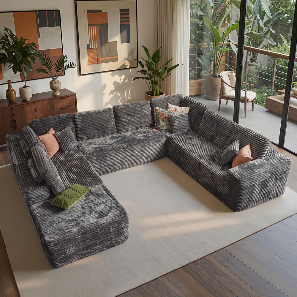HOMLUX Modular Floor Sofa with Plush Corduroy, Big Comfy U-Shaped Sectional Couch in Gray, , large