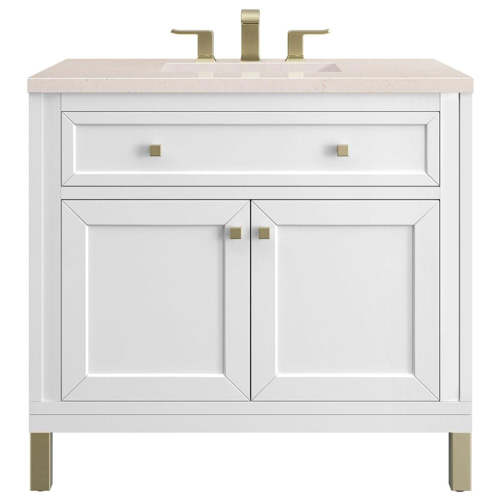 James Martin Vanities Chicago 36" Single Bathroom Vanity in Glossy White with 3 cm Eternal Marfil Quartz Top and Rectangular Sink, , large