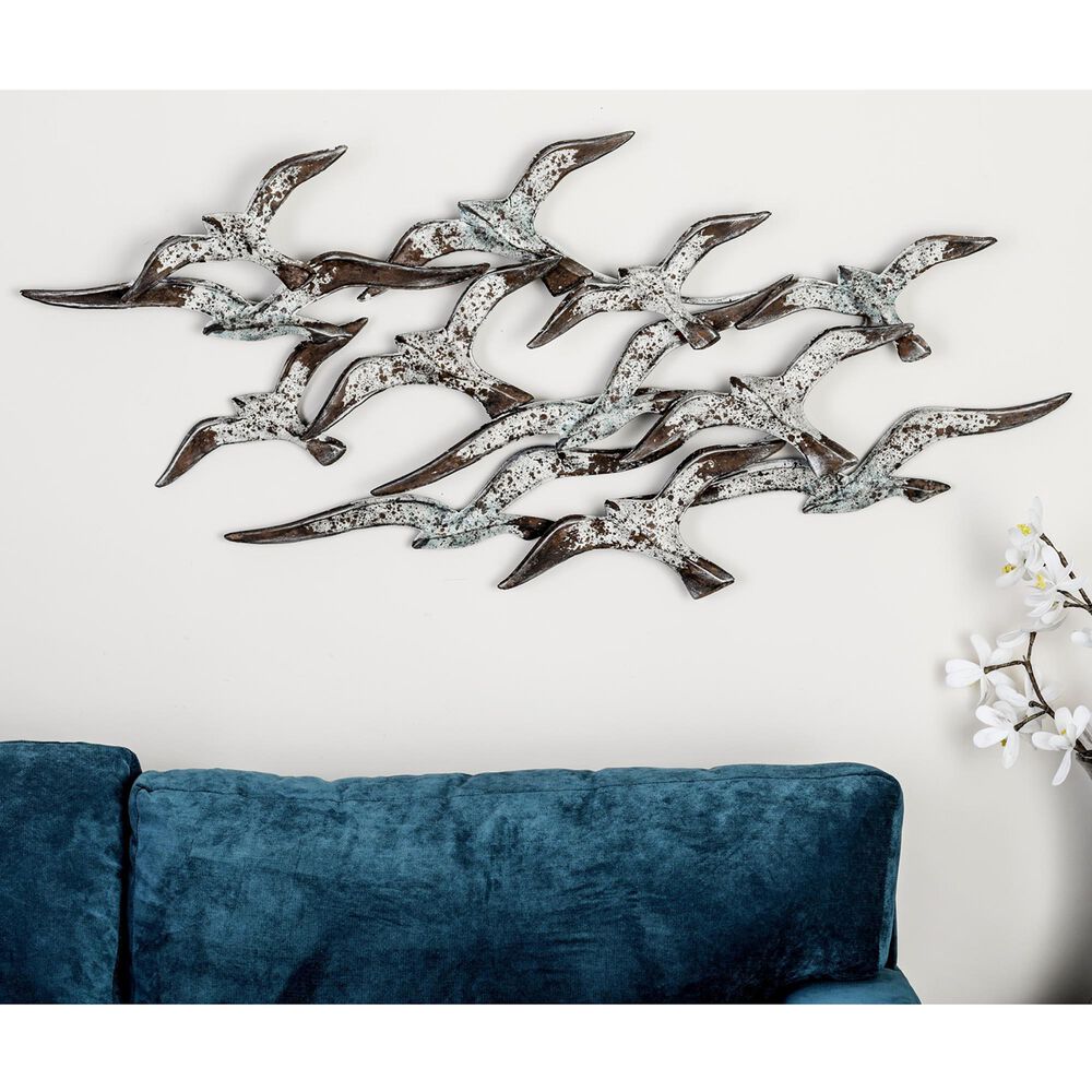 Maple and Jade 23&quot; 48&quot; Flying Flock of Bird Wall Decor in Distressed White, , large