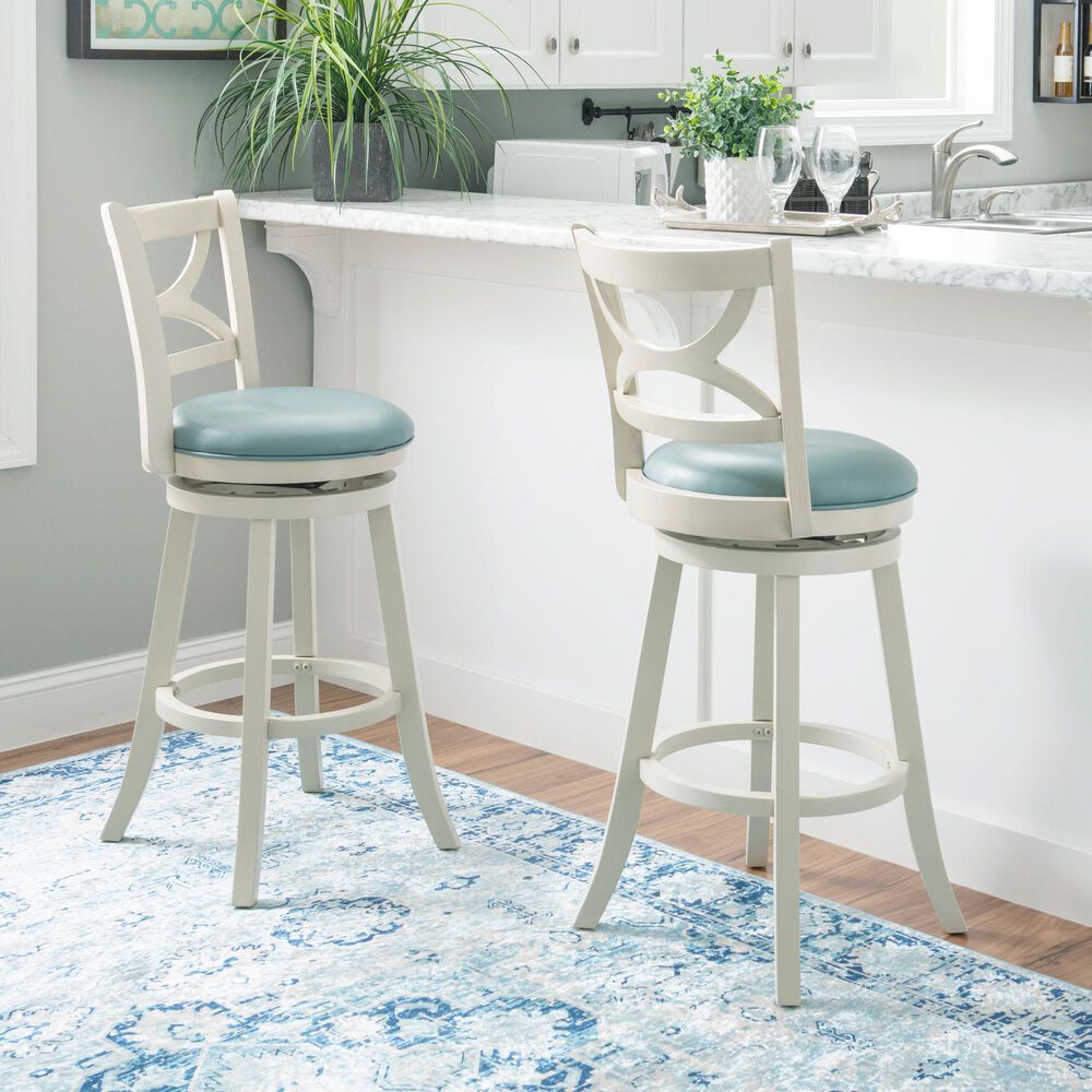 Linon Home Decor Sawyer Swivel Bar Stool with Sky Blue Cushion in Cream, , large