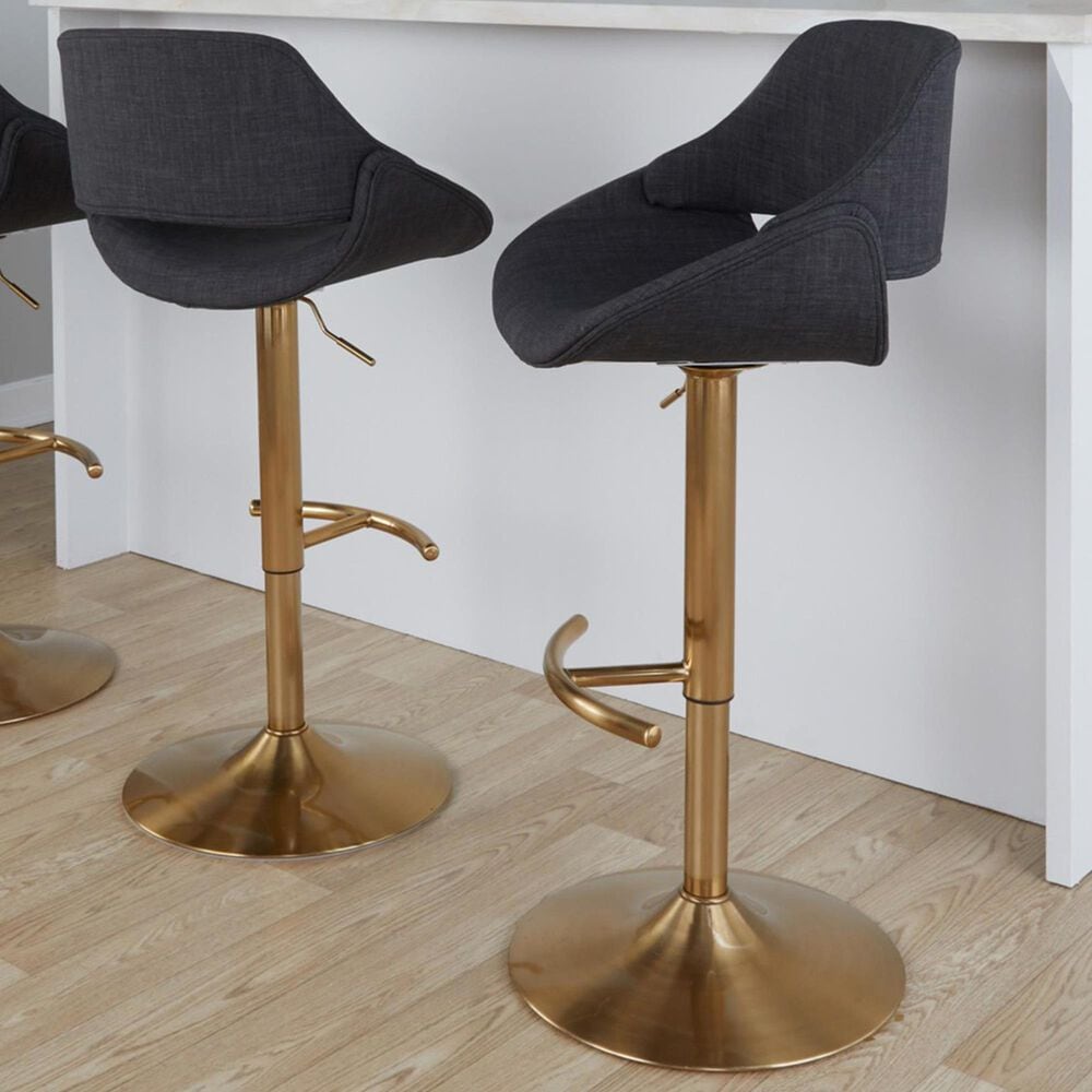 LumiSource Fabrico Swivel Adjustable Bar Stool with Charcoal Noise Fabric Upholstery and Rounded T Footrest in Gold (Set of 2), , large