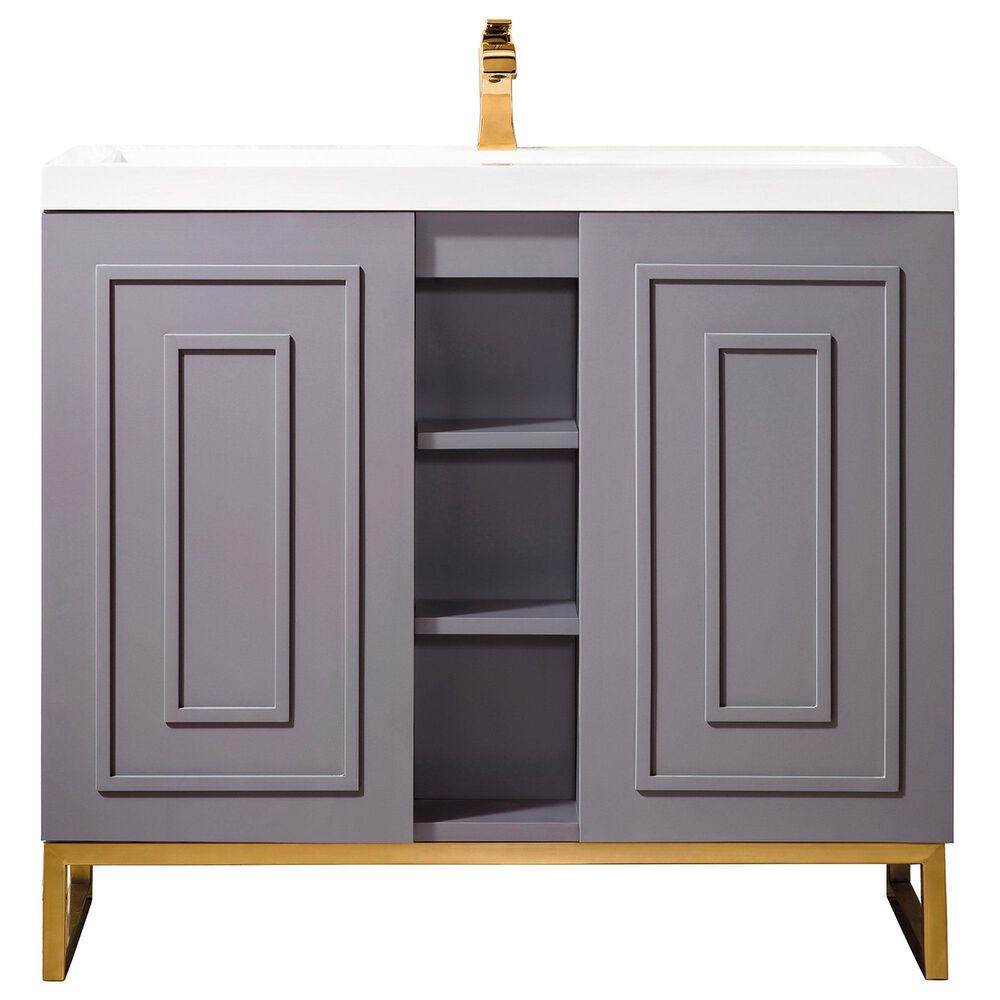 James Martin Vanities Alicante 39.5" Single Bathroom Vanity in Grey Smoke and Radiant Gold with 5 cm White Glossy Resin Top and Rectangular Sink, , large