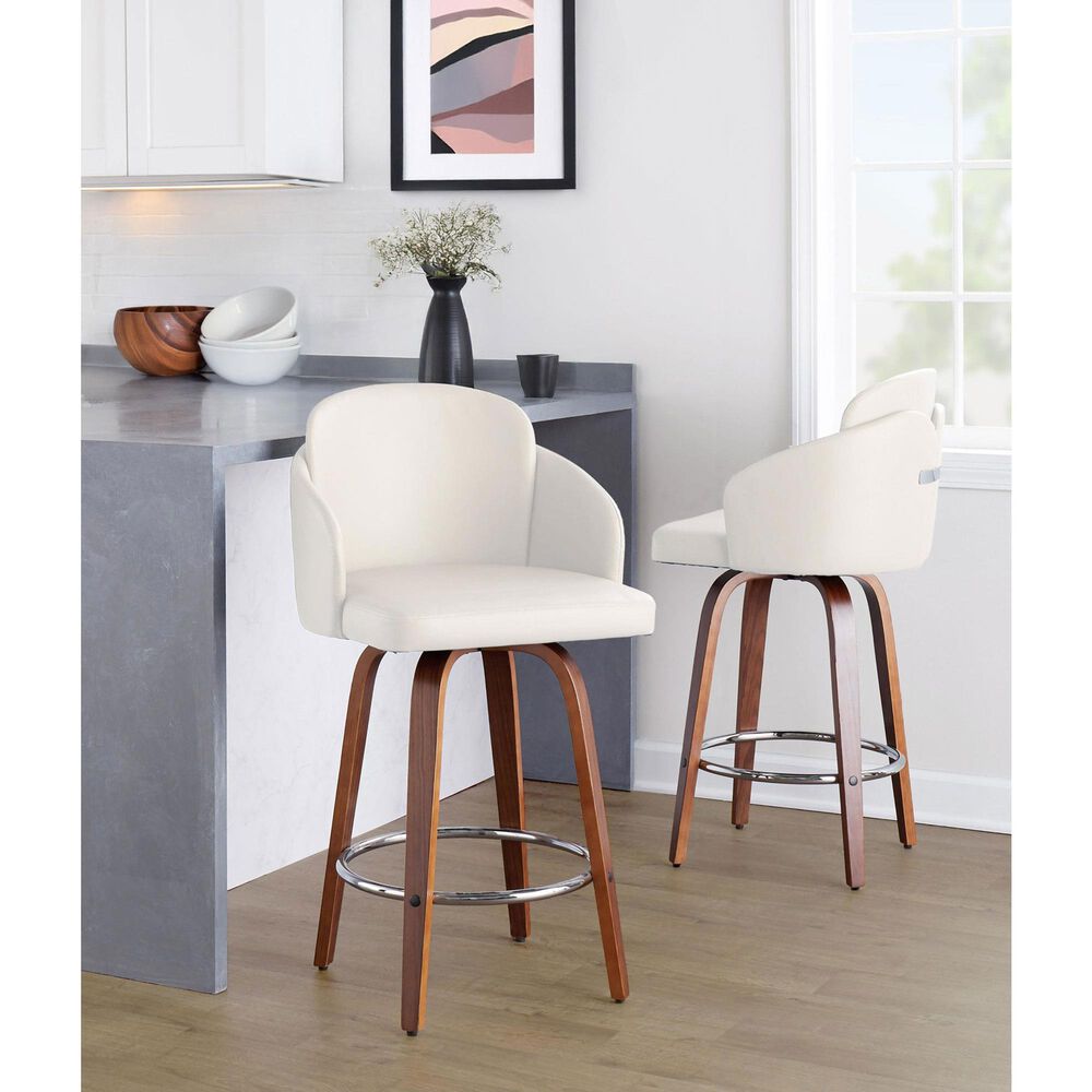 LumiSource Dahlia Swivel Counter Stool with Cream Faux Leather Upholstery in Walnut and Chrome (Set of 2), , large