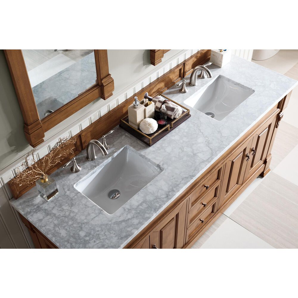 James Martin Vanities Brookfield 72&quot; Double Bathroom Vanity in Country Oak with 3 cm Carrara White Marble Top and Rectangle Sink, , large