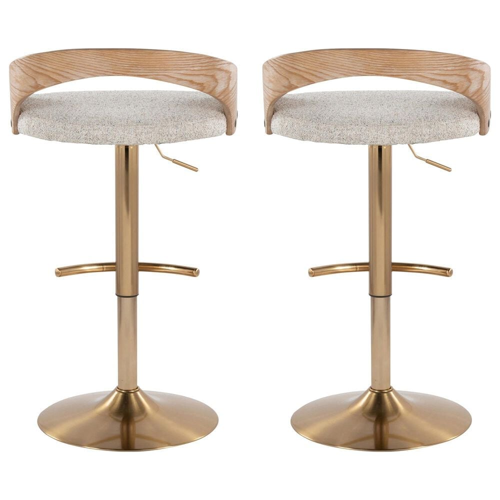 LumiSource Grotto Adjustable Swivel Barstool with Oat Fabric Upholstery in Gold and Whitewashed (Set of 2), , large