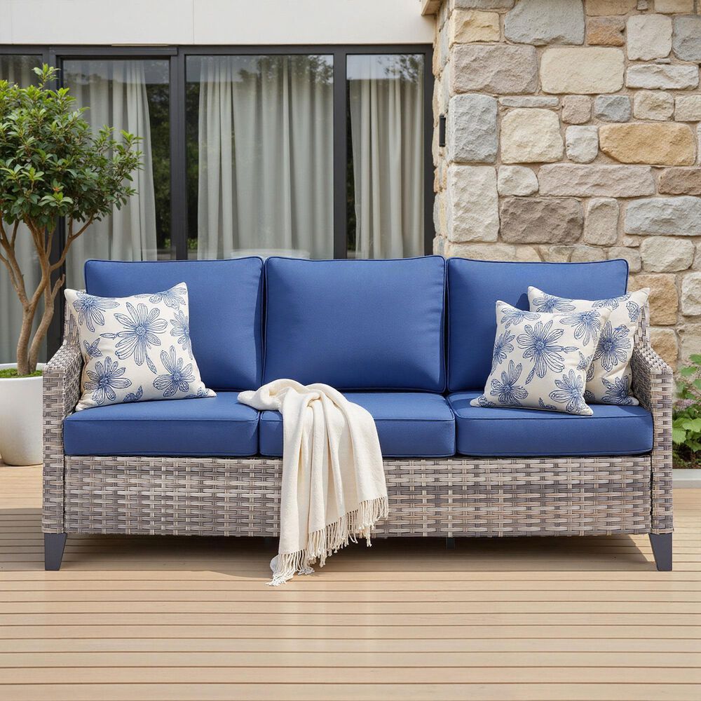 Hearth and Haven Outdoor Sofa with Cushions and Gray Wicker in Blue, , large