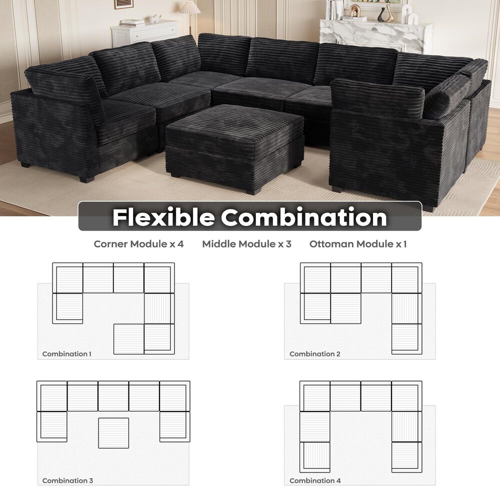HOMLUX 8-Piece Mod U-Sectional with Chaise in Black, , large