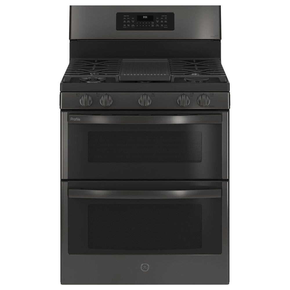 GE Profile Profile 2-Piece Kitchen Packages with 30&quot; Gas Double Oven Range and 1.7 Cu. Ft. Over-the-Range Microwave Oven in Fingerprint Resistant Black Stainless Steel, , large