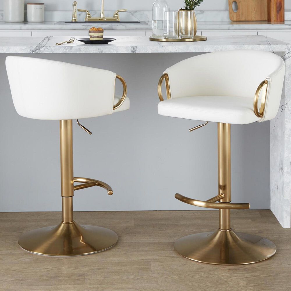 LumiSource Claire Swivel Adjustable Barstool with White Faux Leather Upholstery in Gold (Set of 2), , large