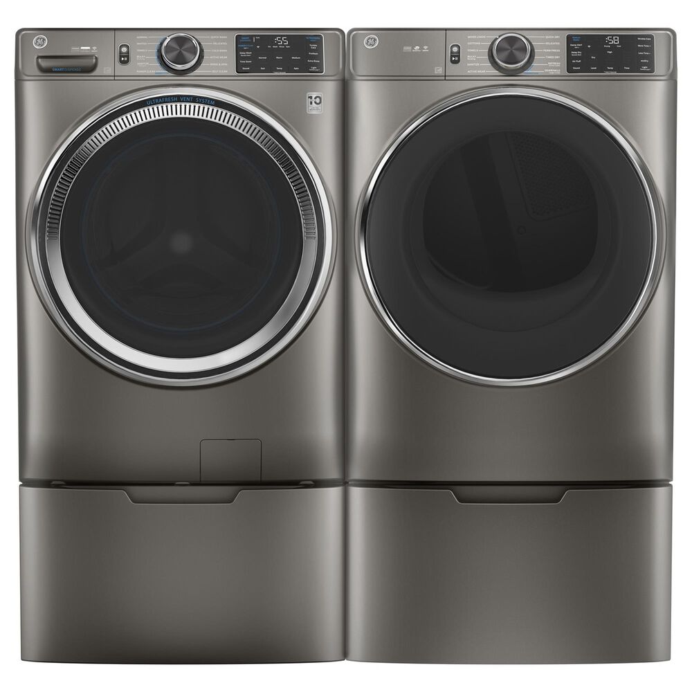 GE Appliances 4.8 Cu. Ft. Front Load Washer and 7.8 Cu. Ft. Gas Dryer Laundry Pair with Pedestal in Satin Nickel, , large
