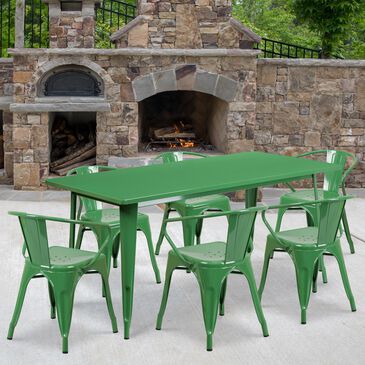 Flash Furniture 7-Piece Metal Table Set with Arm Chairs in Green, , large