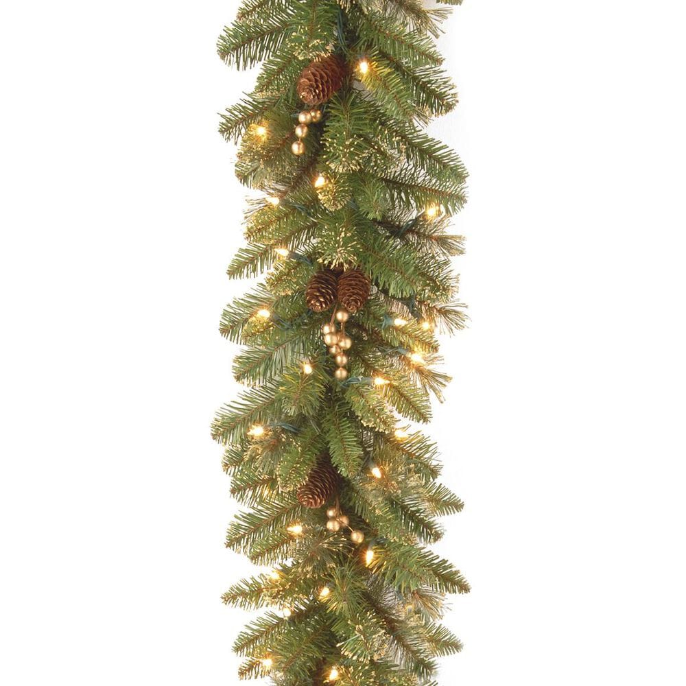 National Tree 9" Glittery Gold Pine Garland with White Lights, , large