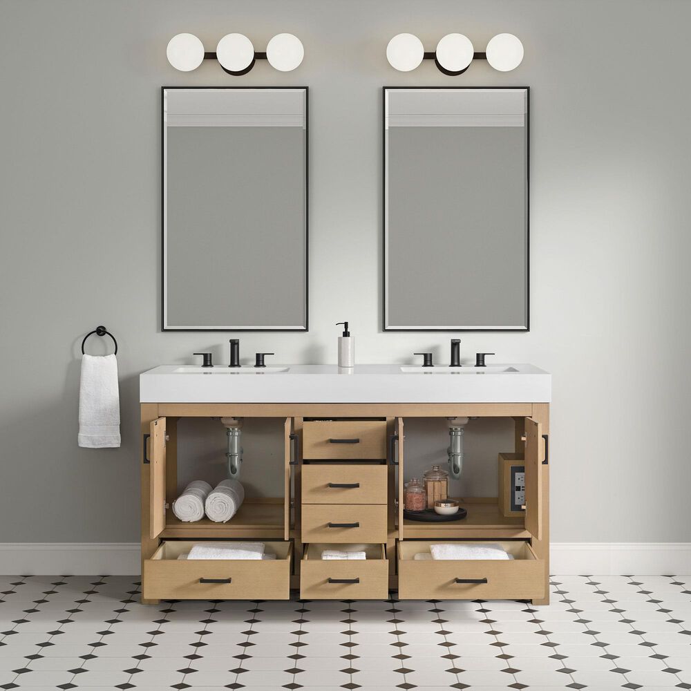 37B Alanya 60" Double Bathroom Vanity in Warm Oak with White Composite Stone Top, , large