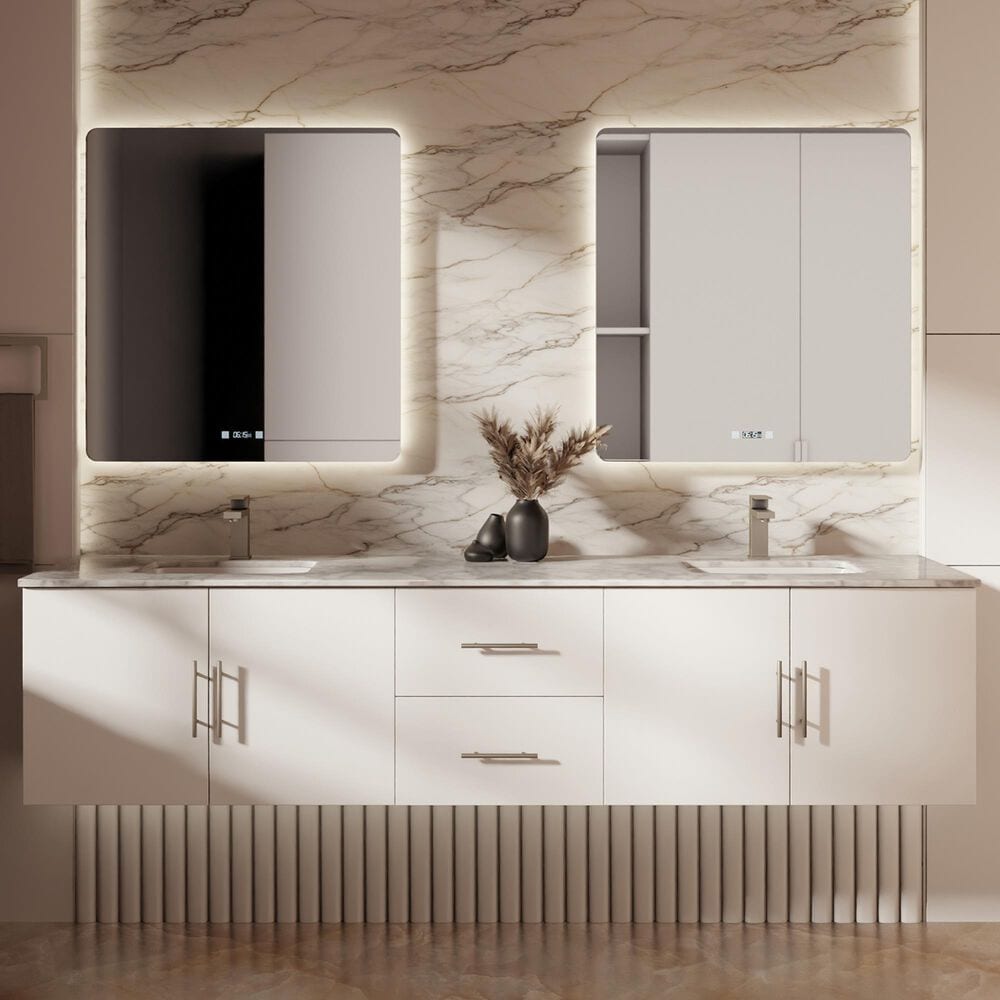 Lexora Home Geneva 80" Double Bathroom Vanity in Glossy White with 2 cm White Carrara Marble Top and Rectangular Sinks, , large