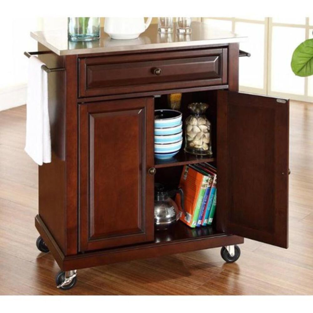 Crosley Furniture Stainless Steel Top Portable Kitchen Cart in Vintage Mahogany, , large