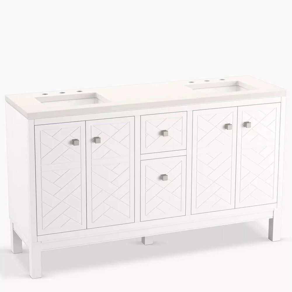 Kohler Beauxline 60" Double Bathroom Vanity in White with 3 cm Pure White Quartz Top and Rectangular Sinks, , large