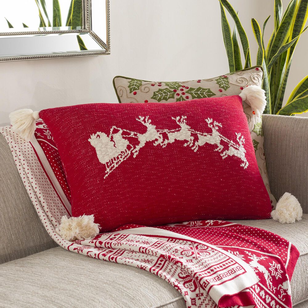 Surya Inc Very Merry 16" x 24" Toss Pillow in Bright Red and Ivory, , large