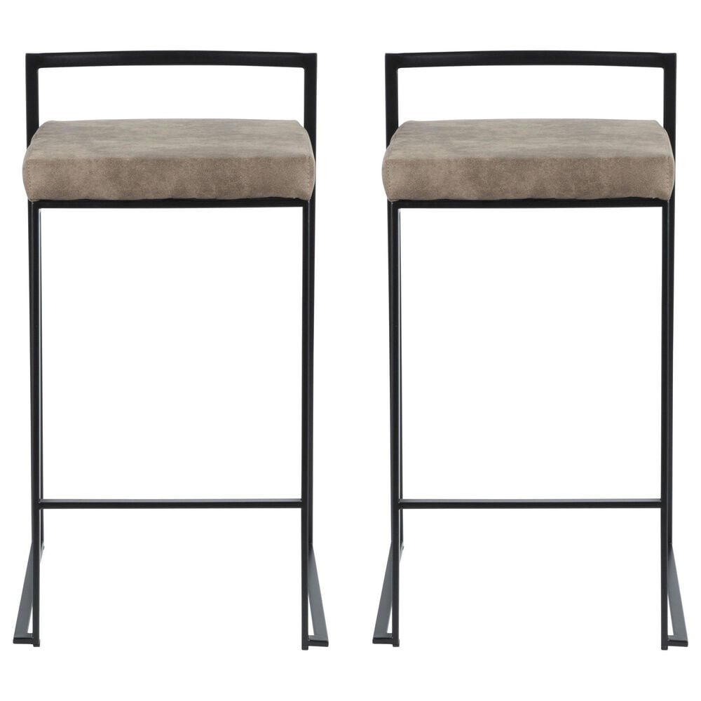 LumiSource Fuji 26" Stacker Counter Stool with Brown Cowboy Upholstery in Black (Set of 2), , large