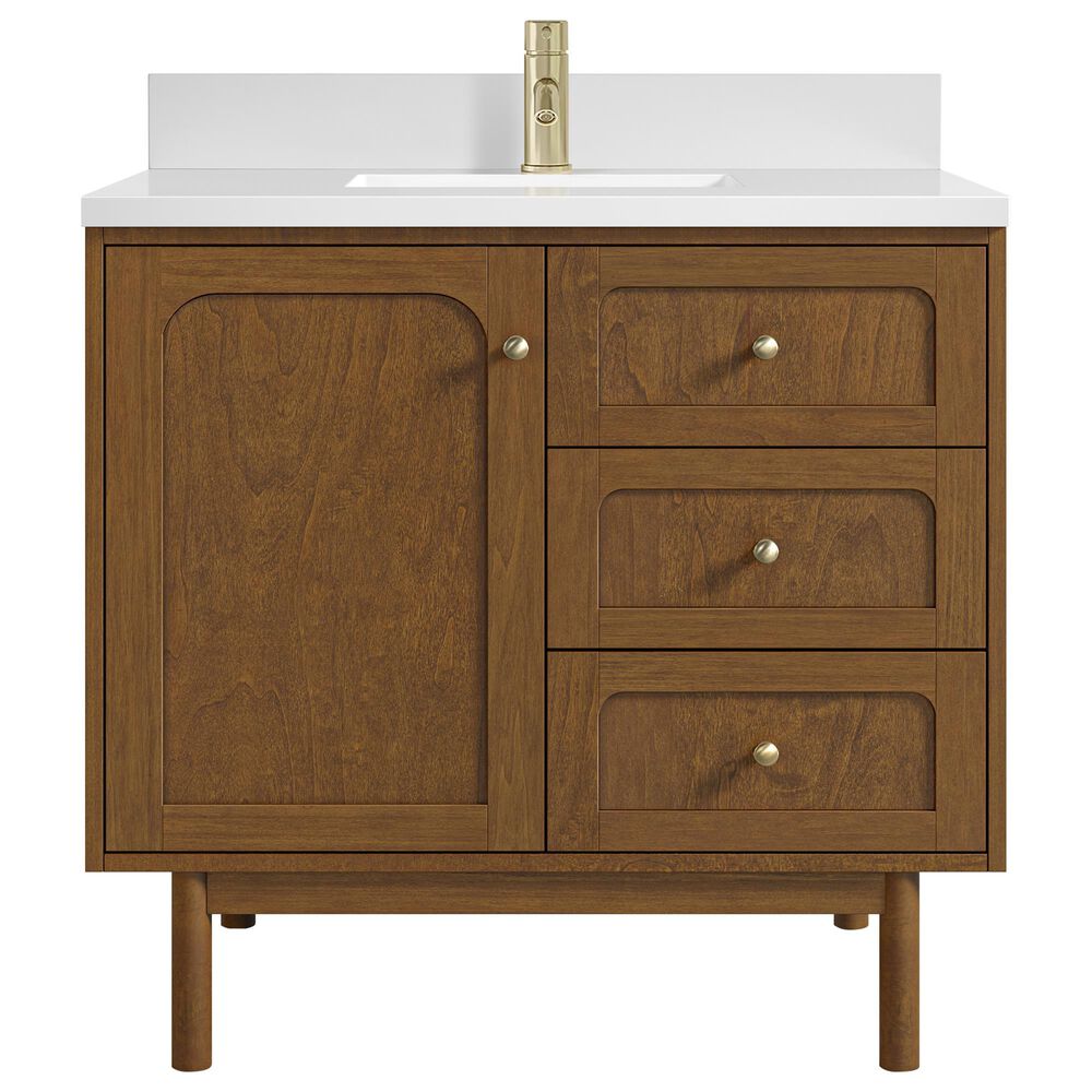 James Martin Laurent 36" Single Bathroom Vanity in Honey Oak with Single Hole 3 cm White Zeus Silestone Top and Rectangular Sink, , large