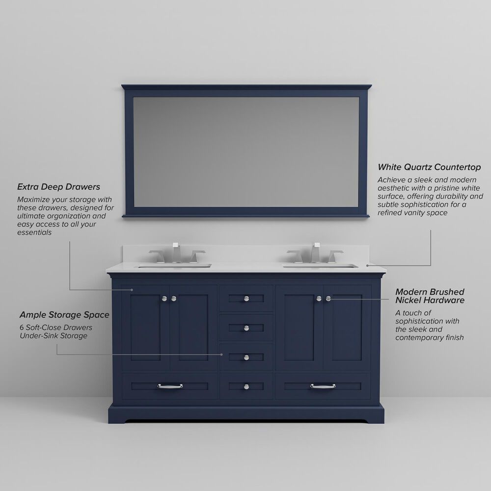 Lexora Home Dukes 60" Double Bathroom Vanity in Navy Blue with 2 cm White Quartz Top and Rectangular Sinks, , large