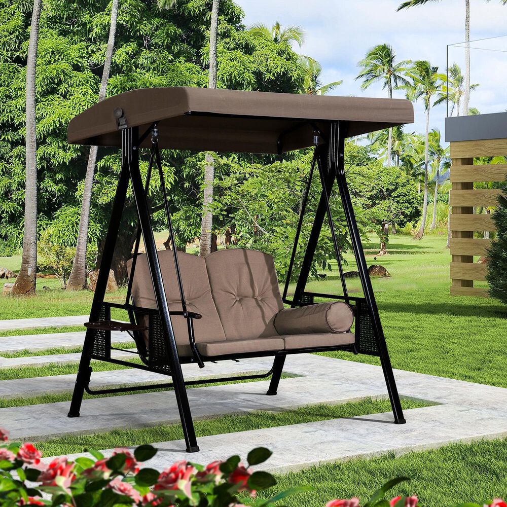 HOMLUX 2-Seat Outdoor Porch Swing with Adjustable Tilt Canopy and Foldable Tray in Beige, , large