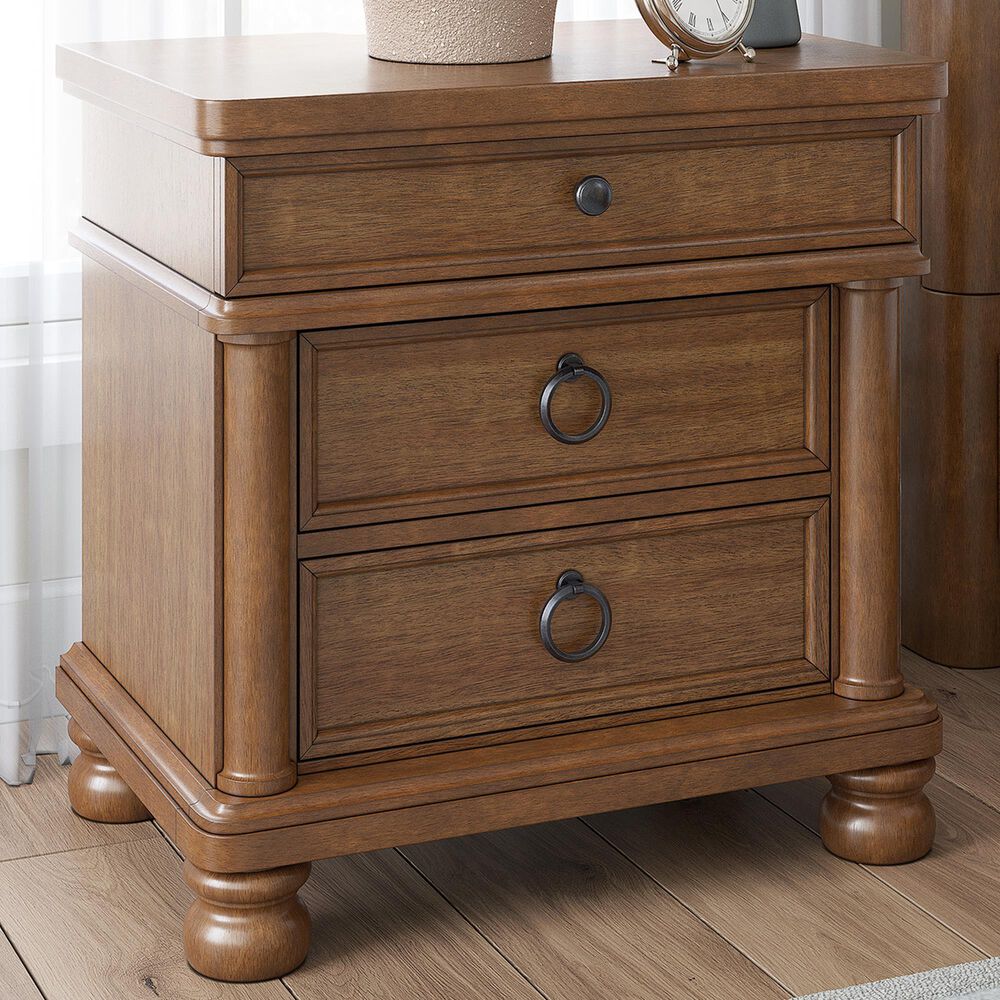 Ashley Rowlenstown 3 Drawer Nightstand in Medium Brown with Outlet and USB Ports, , large
