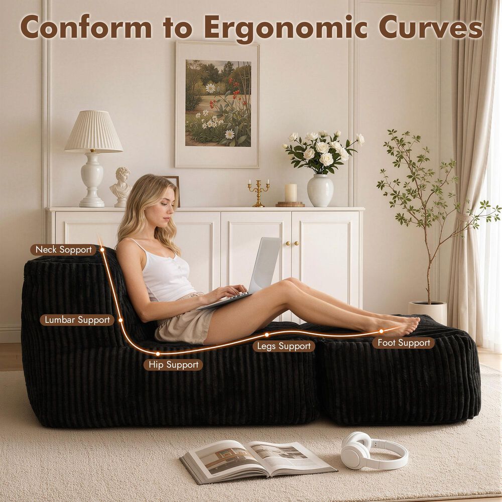 HOMLUX 2-Piece Bean Bag Chair and Ottoman in Black, , large