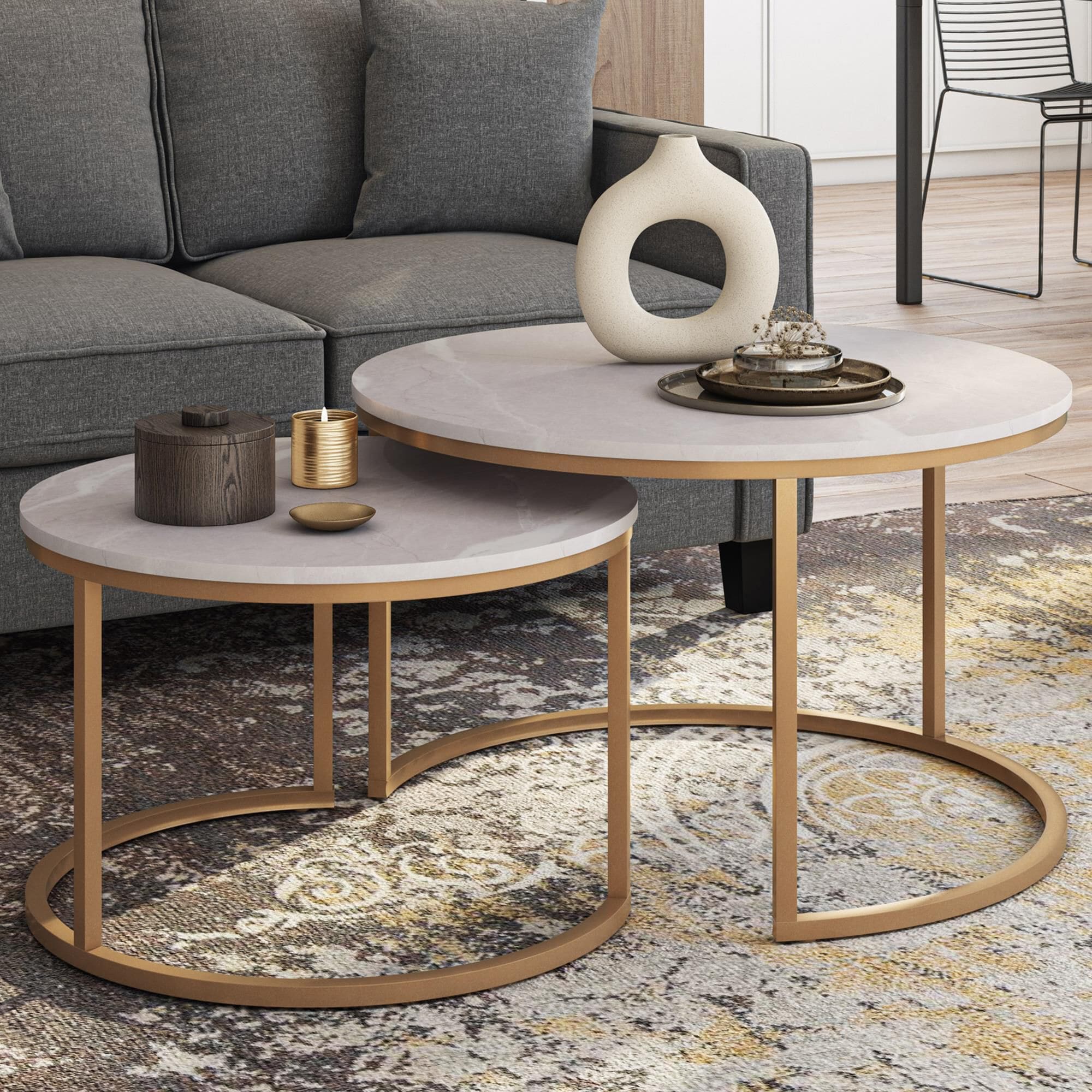 CorLiving Fort Worth Nesting Coffee Table in White and Gold Set of