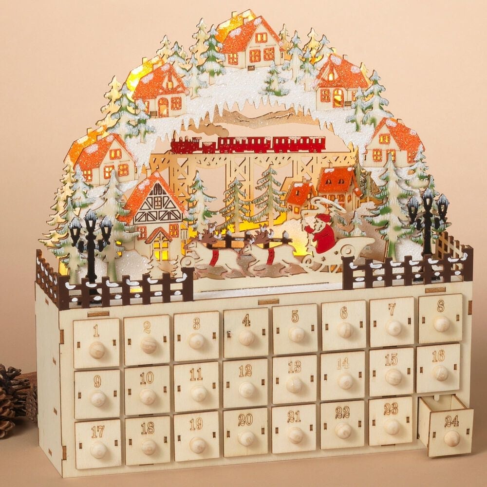 The Gerson Company Lighted Laser Cut Wood Holiday Village Scene Advent Calendar in Tan, , large
