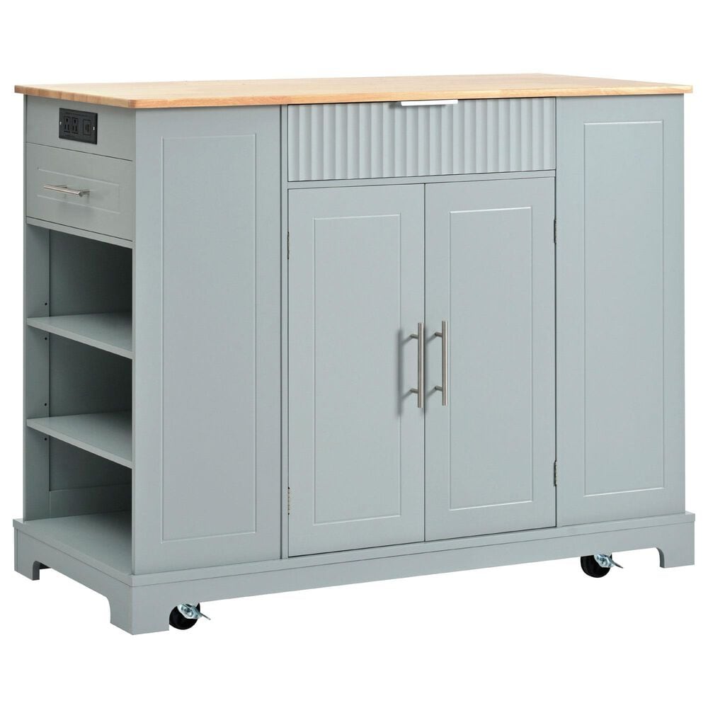 HOMLUX 47" Fluted Kitchen Island with Trash Can Storage Cabinet in Grey, Blue and Natural, , large