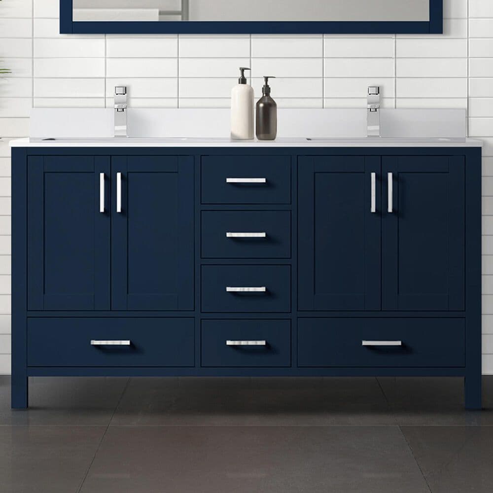 Lexora Home Jacques 60&quot; Double Bathroom Vanity in Navy Blue with 2 cm White Quartz Top and Rectangular Sinks, , large