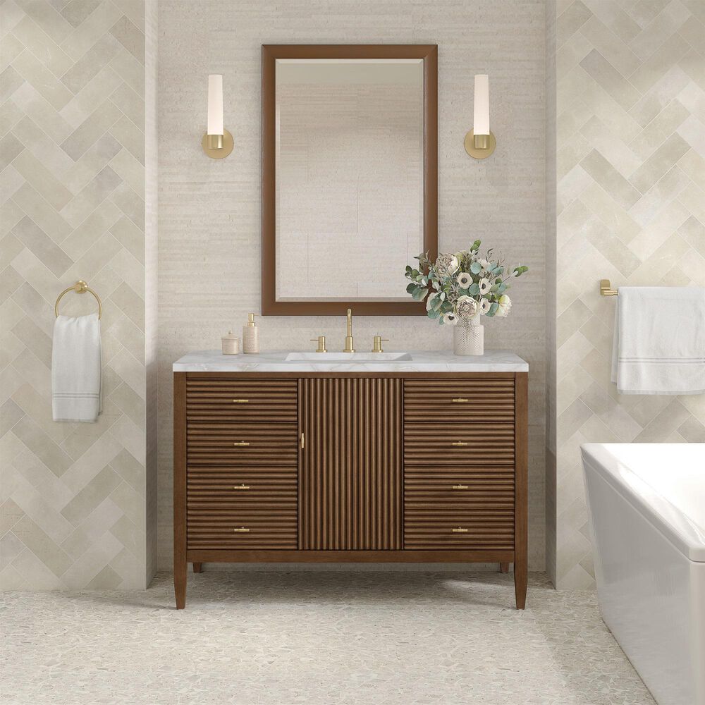 James Martin Vanities Myrrin 48" Single Bathroom Vanity in Mid-Century Walnut with 3 cm Eternal Jasmine Pearl Silestone Top, Rectangular Sink and FreePower Wireless Charger, , large