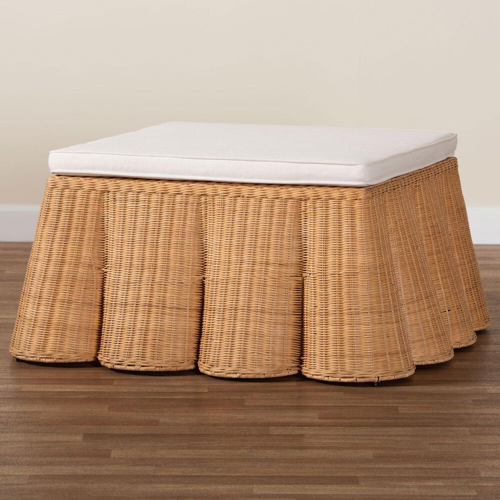 bali &amp; pari Palm 39" Square Ottoman with Light Honey Rattan in White, , large