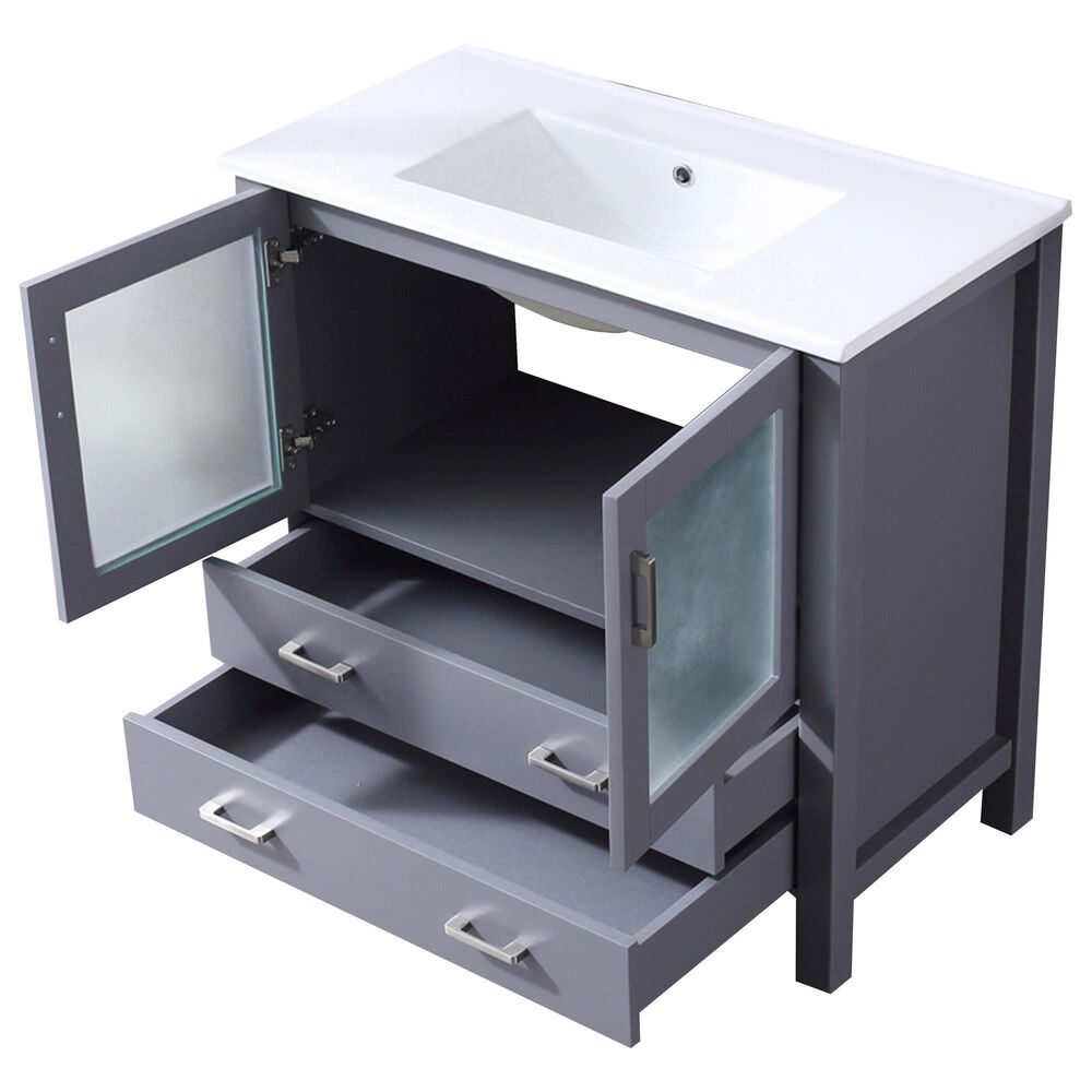 Lexora Home Volez 36&quot; Single Bathroom Vanity in Dark Grey with 2 cm White Ceramic Top and Rectangular Sink, , large