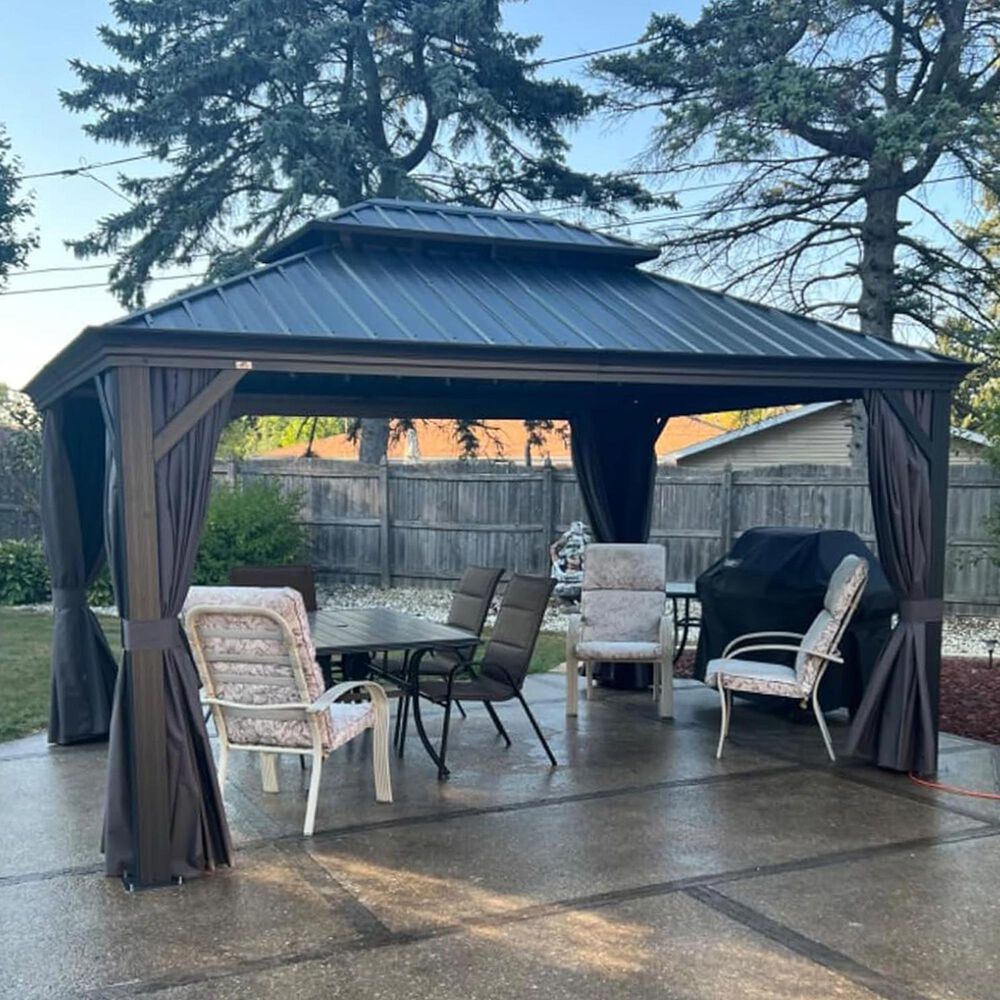 HOMLUX 14-ft x 11-ft Double Roof Outdoor Gazebo Gray Gazebo with Hardtop Roof (Screen Included), , large