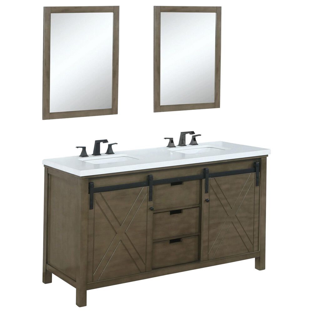 Lexora Home Marsyas 60" Double Bathroom Vanity in Rustic Brown with White Quartz Top, Rectangle Sinks, Matte Black Faucets and Mirrors, , large