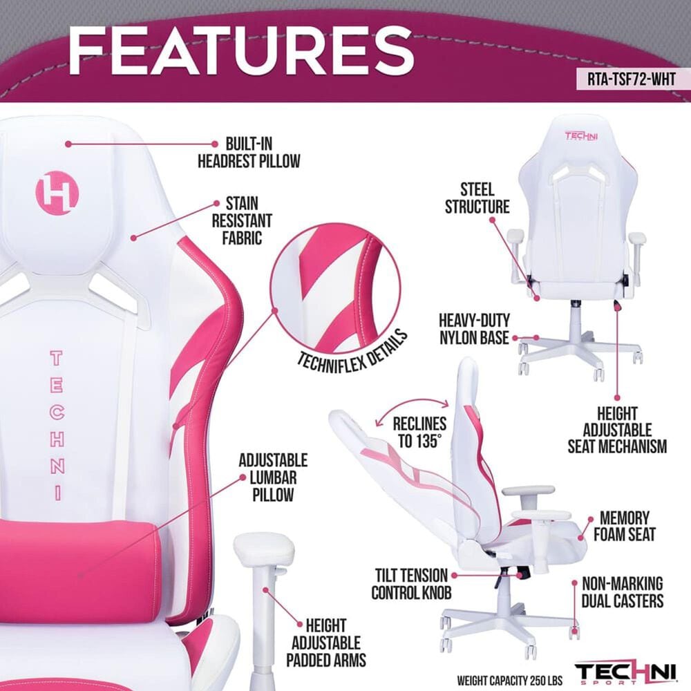 Techni Sport Echo 2.0 Gaming Chair in Pink and White, , large