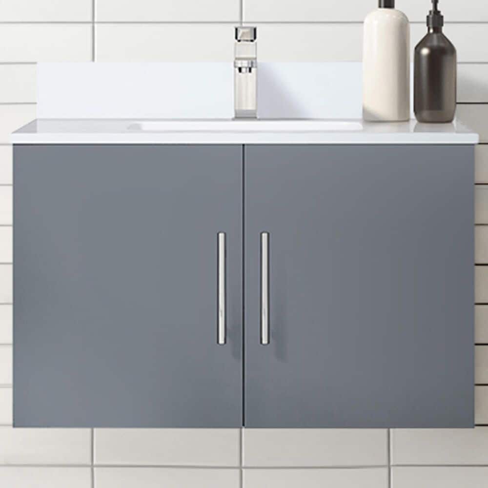 Lexora Home Geneva 30&quot; Single Bathroom Vanity in Dark Grey with 2 cm White Quartz Top and Rectangular Sink, , large