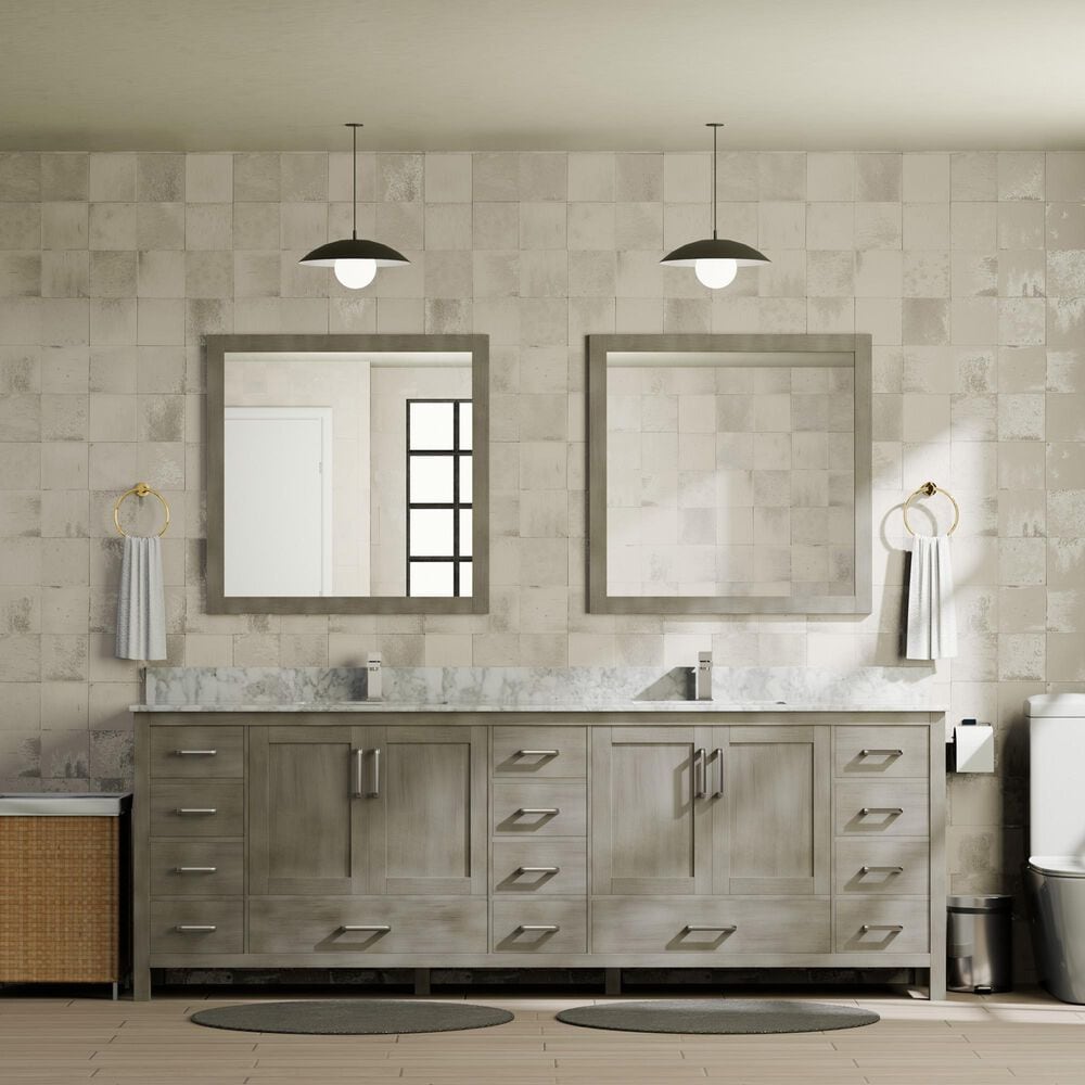 Lexora Home Jacques 84" Double Bathroom Vanity in Distressed Grey with 2 cm White Carrara Marble Top and Rectangular Sinks, , large