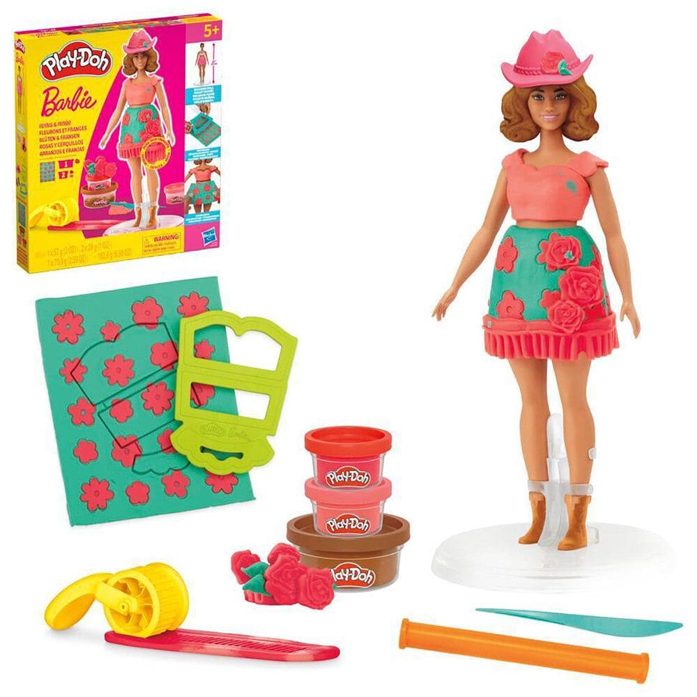 PlayDoh Barbie Florals and Fringe Doll Set with Three Modeling Doughs in Red, Brown and Pink, , large