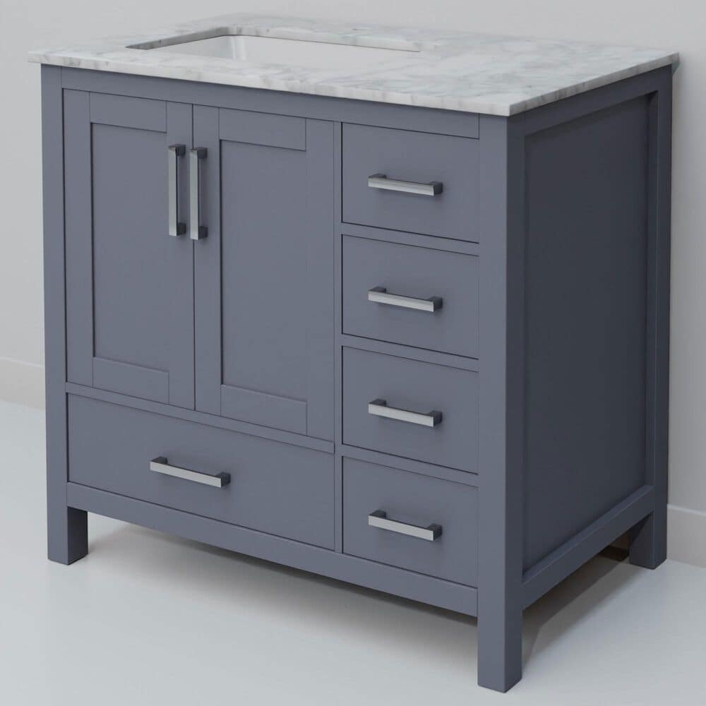 Lexora Home Jacques 36" Left Offset Single Bathroom Vanity in Dark Grey with 2 cm White Carrara Marble Top and Rectangular Sink, , large