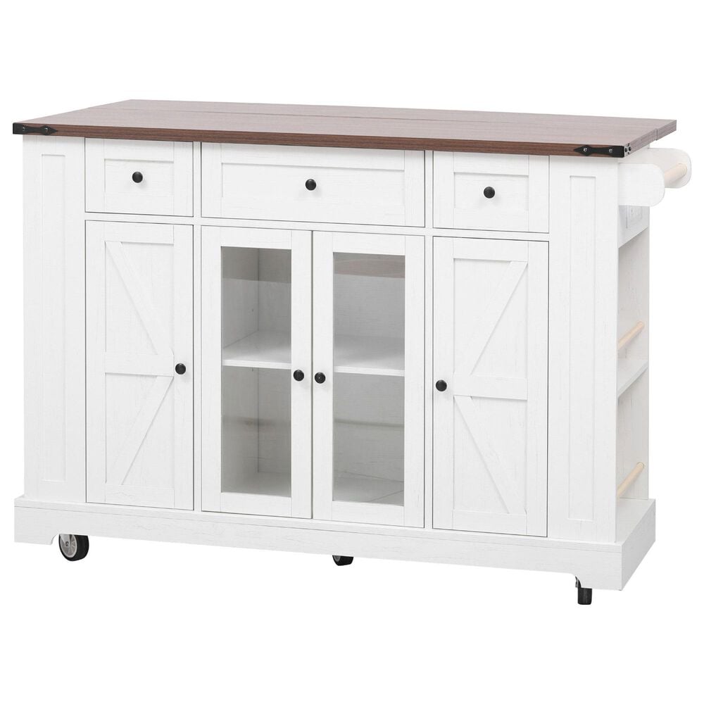 HOMLUX 53" Kitchen Island with Two Tempered Glass Cabinet Door in White, , large