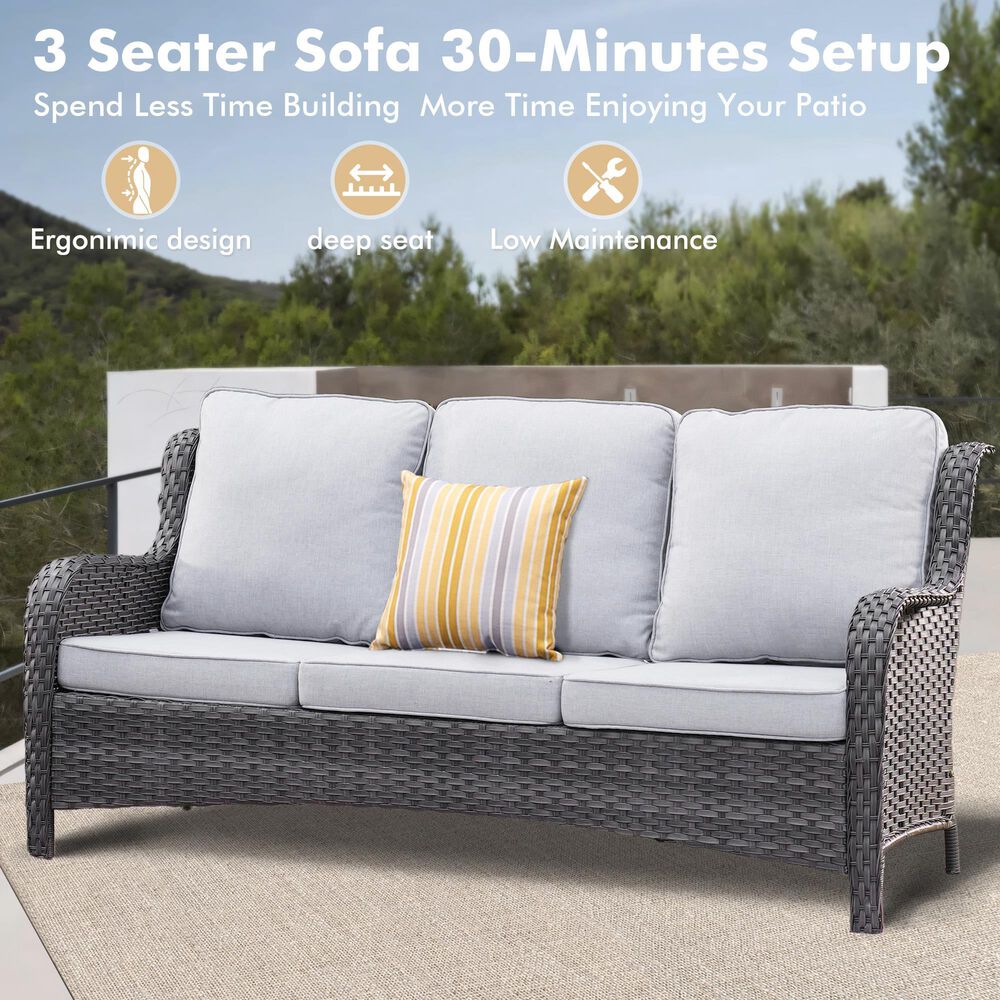 HOMLUX 3-Piece 72" Patio Sofa and Ottoman Set in Grey, , large